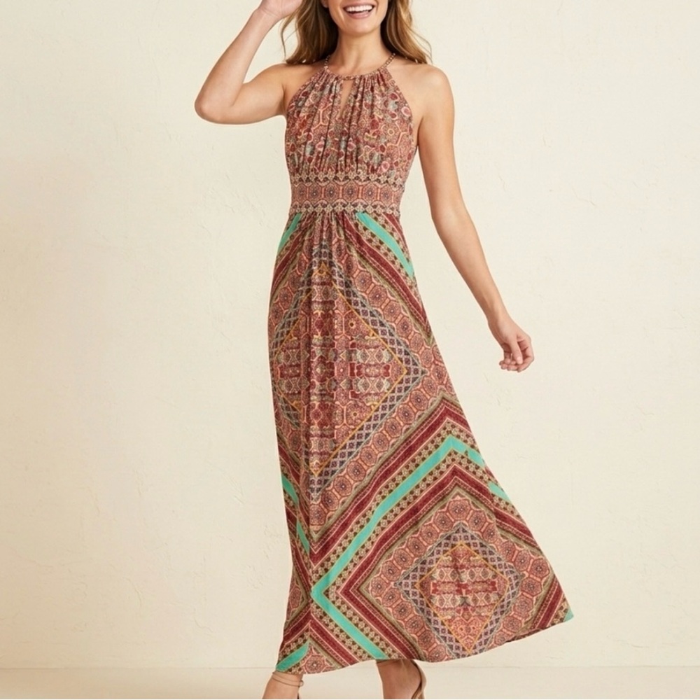 London Times Boho Halter Maxi Dress in Rust Multi 10